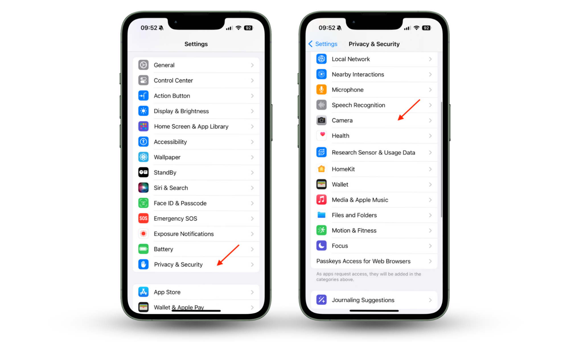 The Settings app on iPhone shows the Privacy & Security menu. Tap the Camera option to manage which apps have access to camera permissions. The Settings app on iPhone shows the Privacy & Security menu. Tap the Camera option to manage which apps have access to camera permissions.